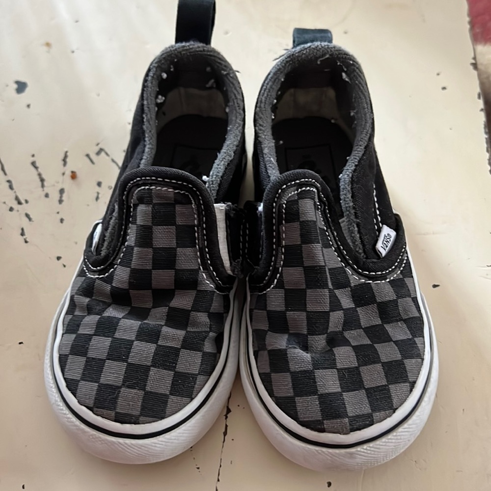 Boys slip on grey & black checkered Vans